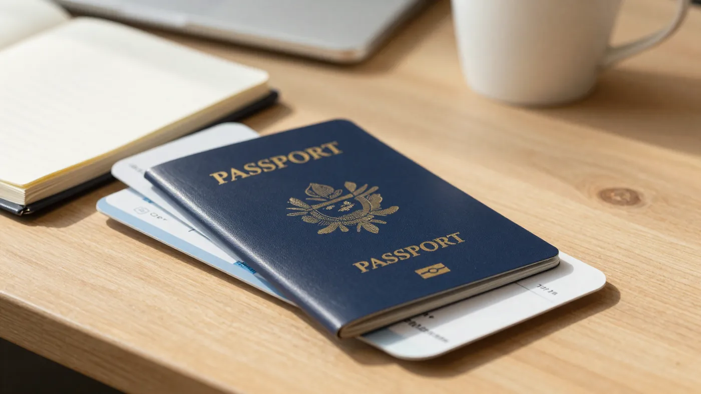 Pasaporte con estampas de visa sobre un escritorio, detalle del mapa de la región