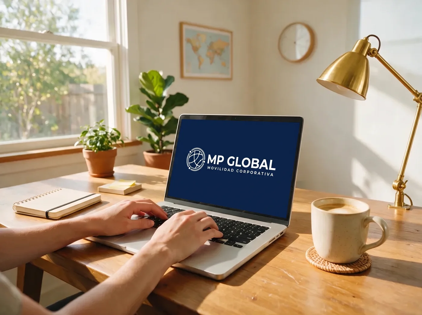 Notebook con el logo de MP Global en pantalla sobre un escritorio de trabajo