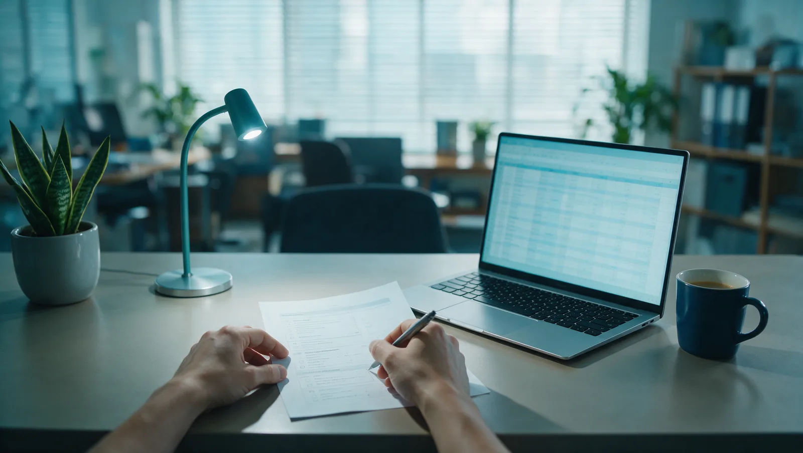 Manos revisando una lista de verificación impresa con un lápiz, junto a un notebook abierto