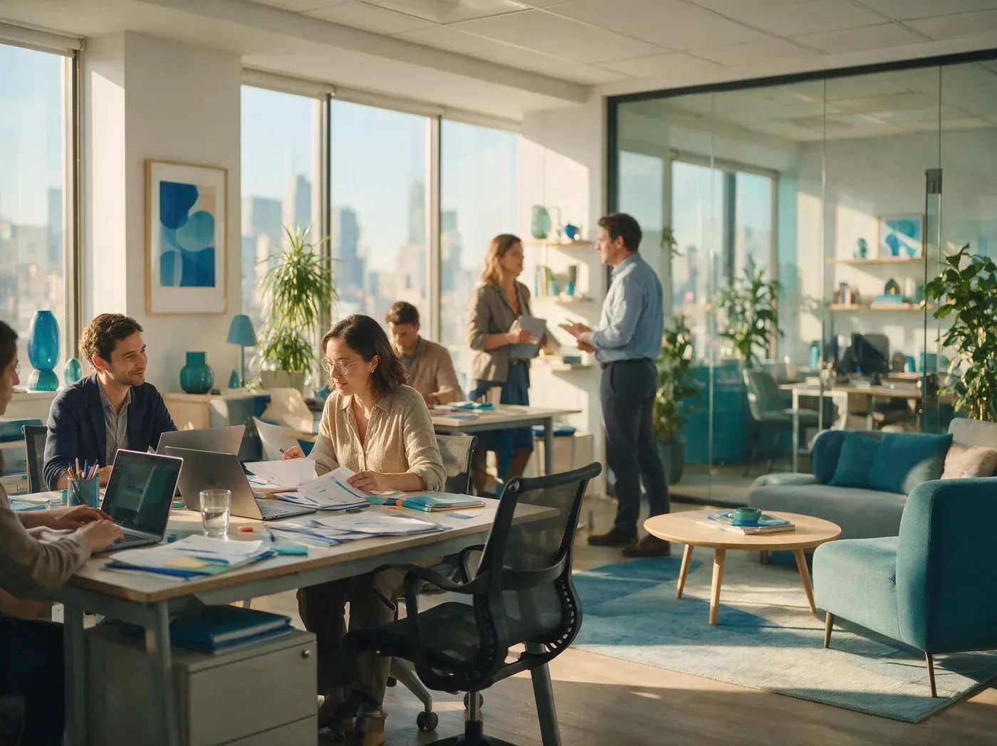 Equipo trabajando en una oficina corporativa
