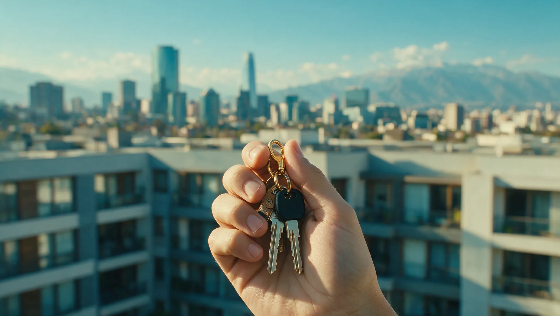Mano sosteniendo un llavero con dos llaves, con el skyline de Santiago y la cordillera de fondo