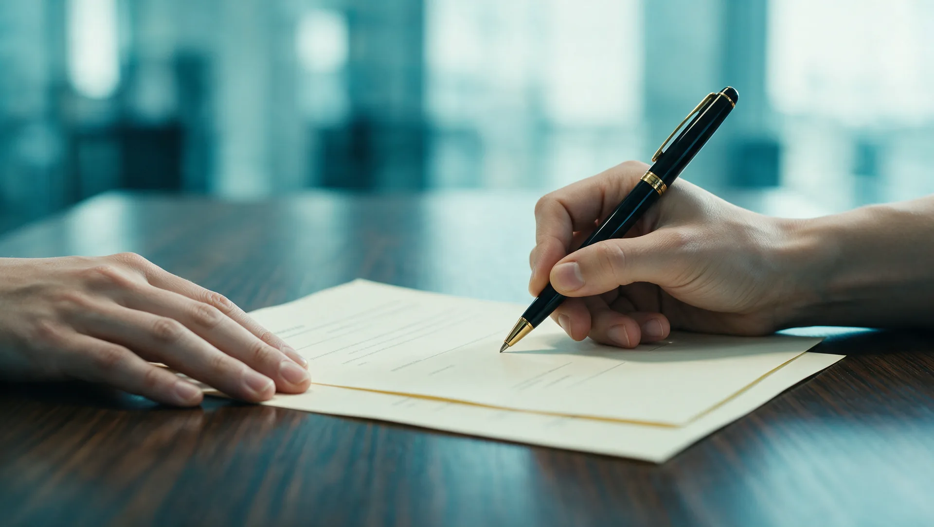 Manos firmando un documento laboral formal con una pluma, en un escritorio de madera oscura