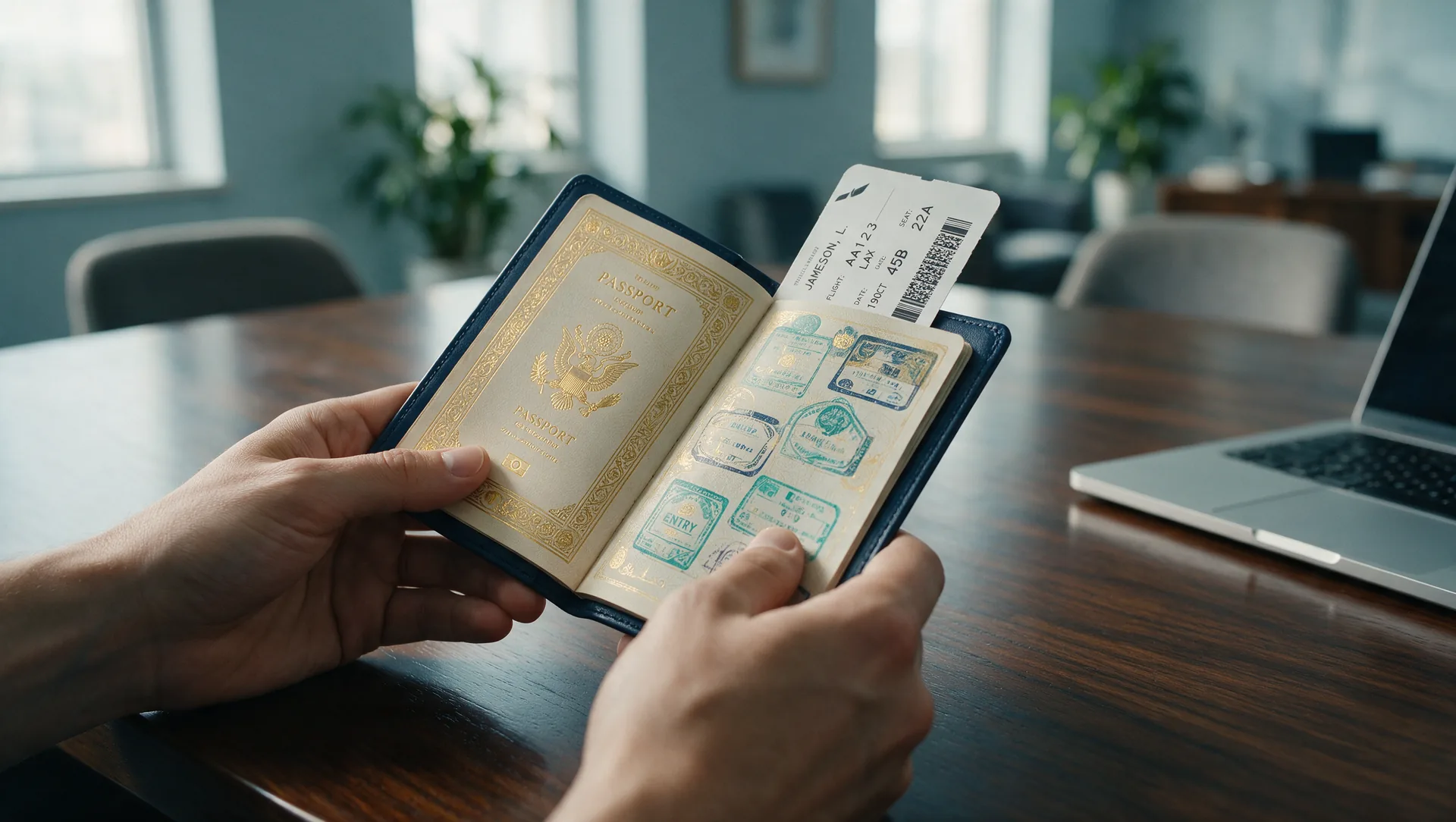 Manos sosteniendo un pasaporte abierto con sellos de visa y un pase de embarque