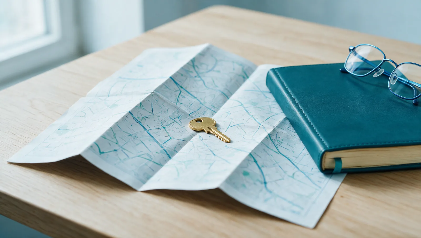 Llave de casa sobre un mapa de ciudad, junto a una agenda y lentes de lectura