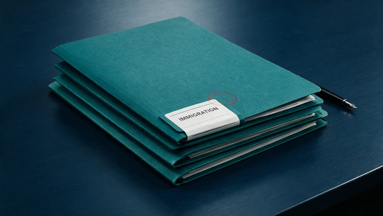 Stacked official folders labeled 'Immigration' with an official stamp