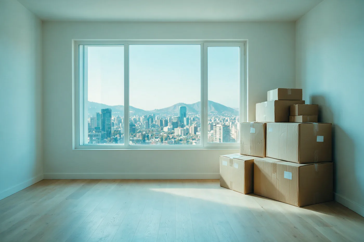 Cajas de mudanza apiladas en un departamento vacío y luminoso, con el skyline de Santiago de fondo