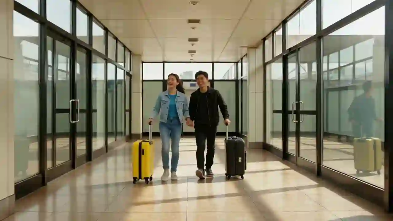 Pareja llegando a un nuevo país, en aeropuerto